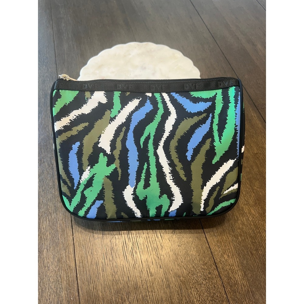DVF Diane Von Furstenberg Cosmetic Bag Pouch Zebra Print Green Blue Black‎